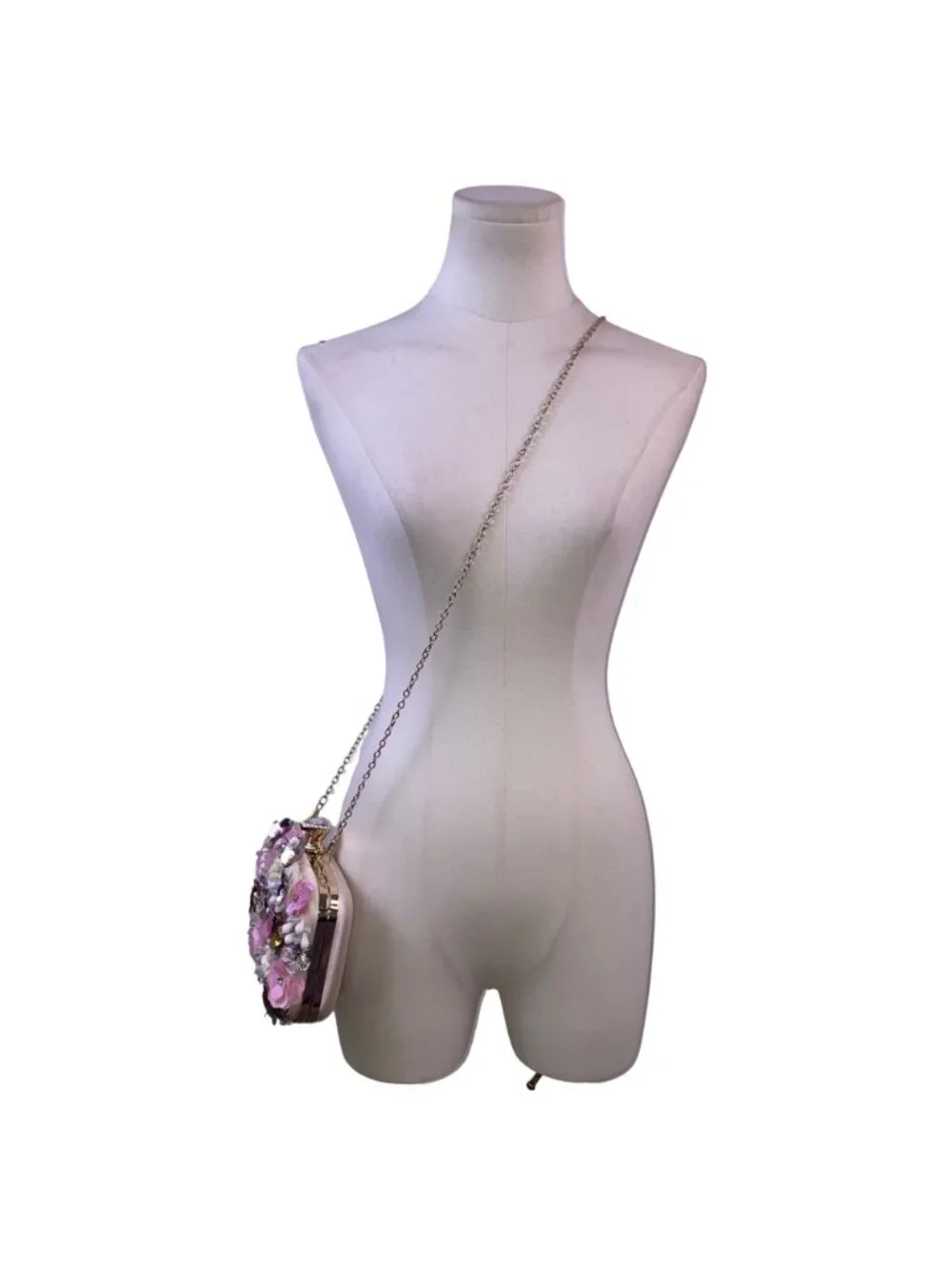 Women’s Pink Floral Embellishment With Chain Strap & Handle Clutch Purse